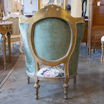 Louis XVI Gilded Bergère Chair – Chinoiserie Floral Linen & Green Velvet Upholstery