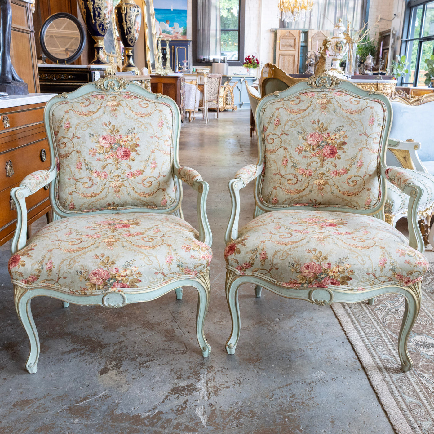 Louis XV Armchair – Soft Green Painted Frame with Aubusson Floral Upholstery
