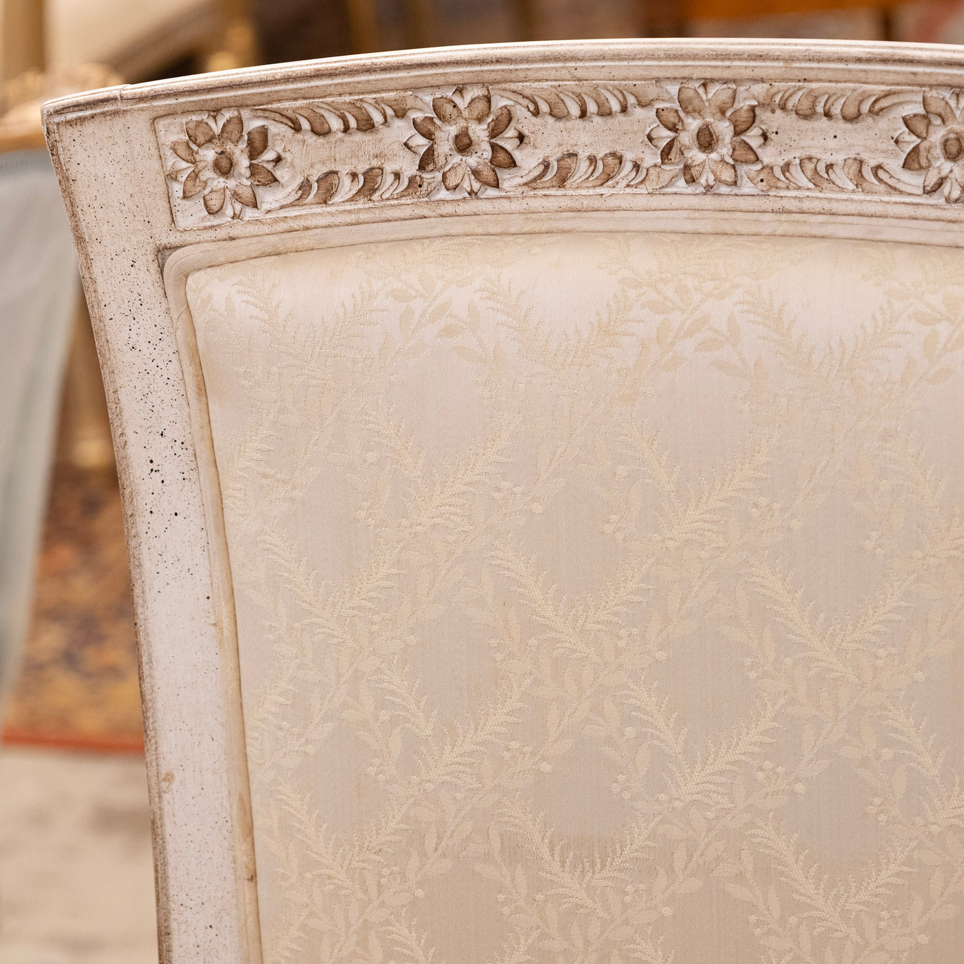 Louis XVI Antique White Dining Chair –  Original Cream Damask Upholstery