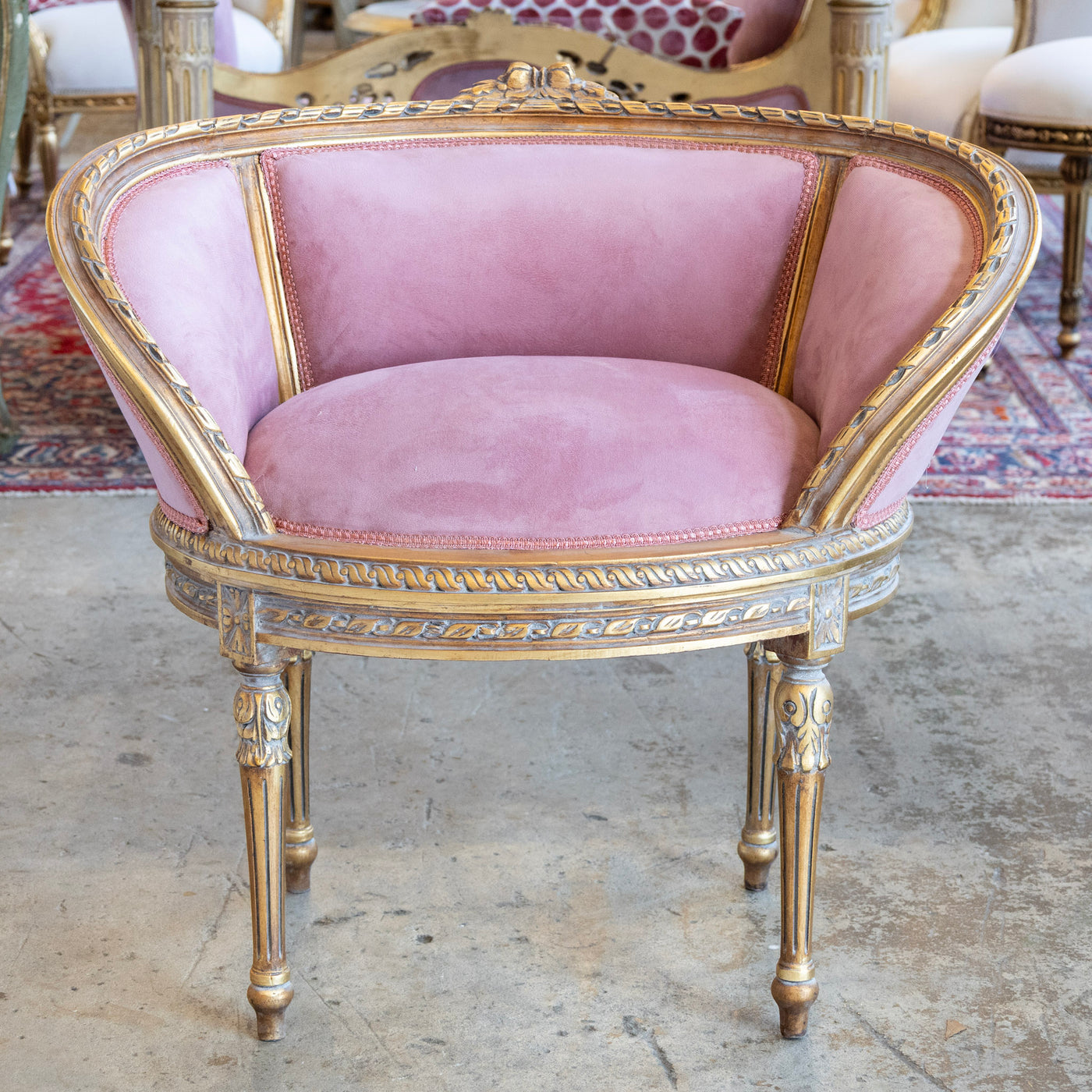 Pair of Louis XVI Petite Gilded Bergère Chairs – Velvet Deep Rose Upholstery - Accent Chairs | Le Chateau (Atlanta, GA) • 1