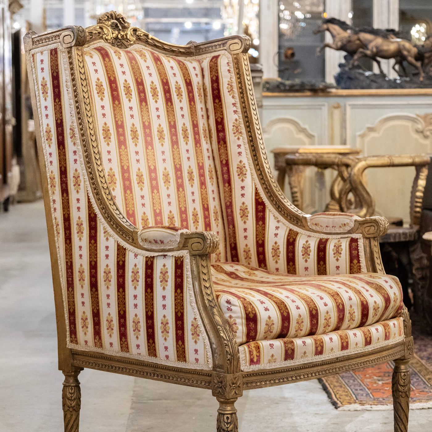 Pair of Louis XVI Gilded Armchairs – Striped Damask Upholstery