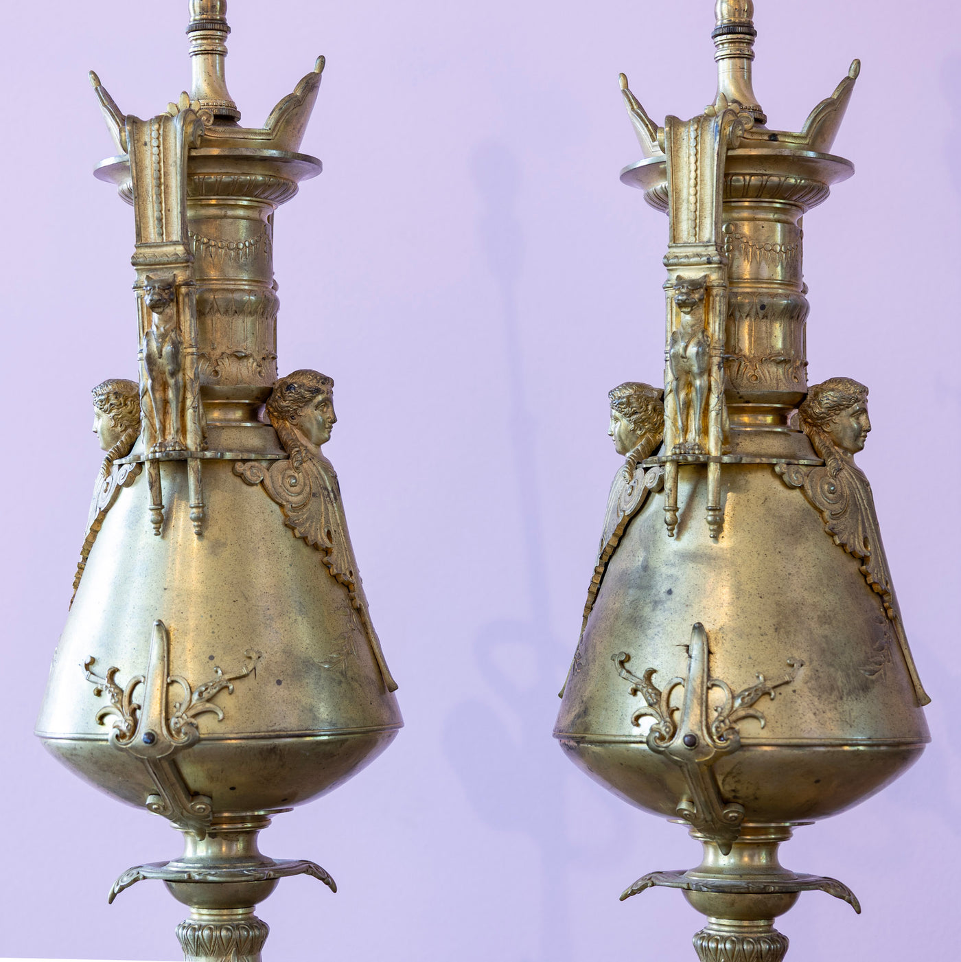 Pair of Carved Gilded Lamps – Red Marble Base