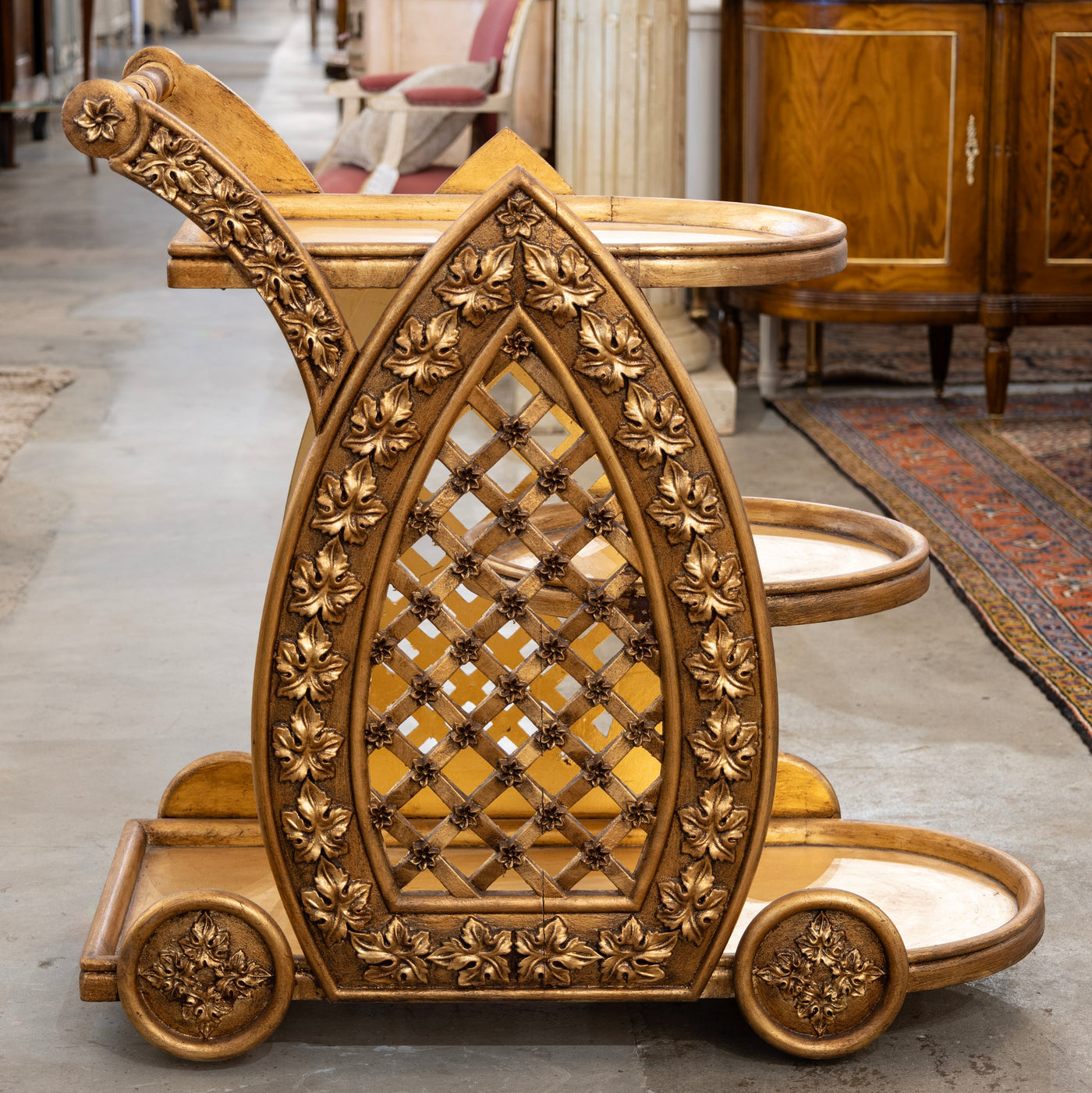 Gilded Italian Bar Cart – Carved Leaf Motifs & Lattice Paneling
