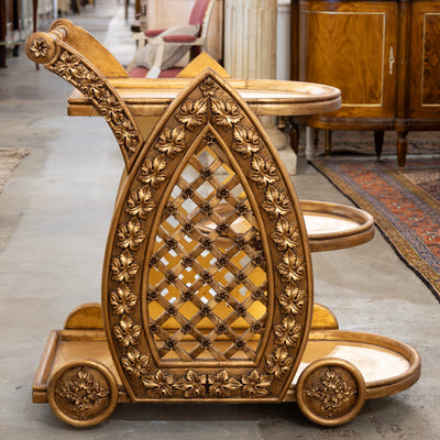 Gilded Italian Bar Cart – Carved Leaf Motifs & Lattice Paneling