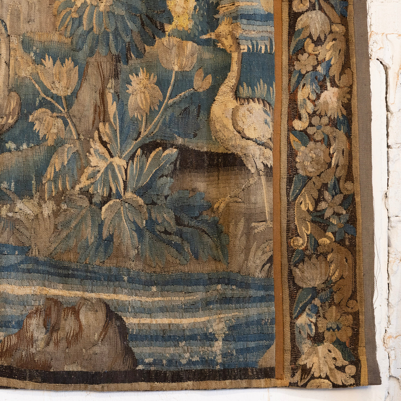 Antique French Flemish Tapestry – Handwoven Verdure Scene with Birds & Architecture