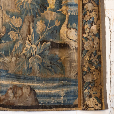 Antique French Flemish Tapestry – Handwoven Verdure Scene with Birds & Architecture