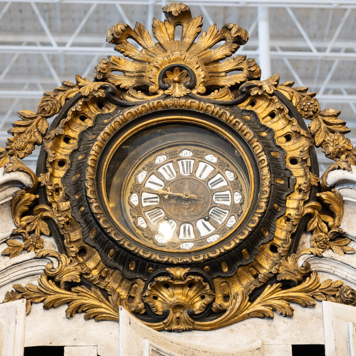 Louis XV Cupboard – Distressed White Finish & Clock Crest