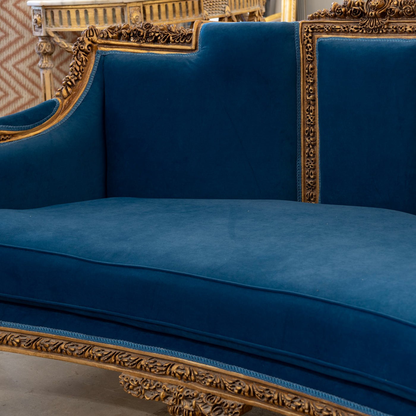 Louis XVI Gilded Sofa – Carved Detailing & Dark Blue Velvet Upholstery