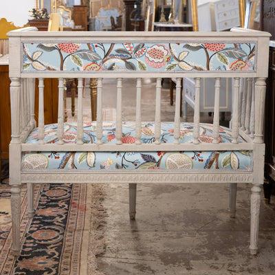 Swedish Painted Settee – Blue Botanical Print Upholstery