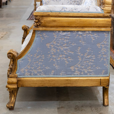 Italian Gilded Sofa – Carved Detailing & Pale Blue Silk-Weave Floral Upholstery
