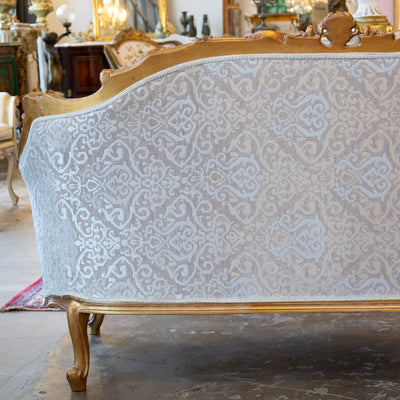 Louis XV Gilded Sofa – Carved Frame & Cream Damask Upholstery