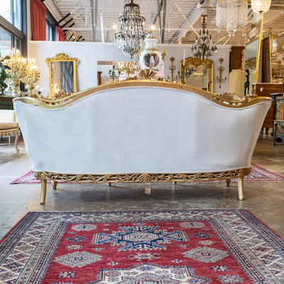 Louis XV Gilded Sofa – Carved Trim & Cream Velvet Textured Upholstery