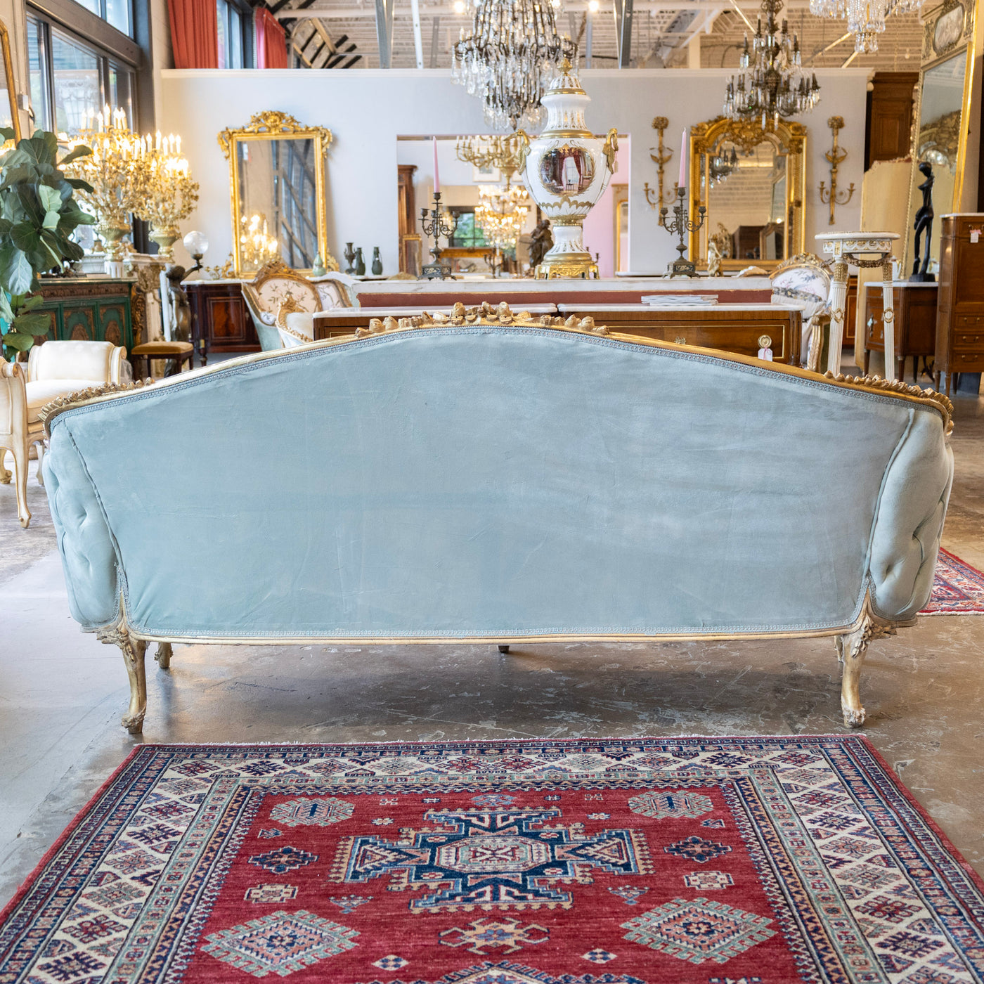 Louis XV Gilded Sofa – Carved with Tufted Pale Aqua Velvet Upholstery