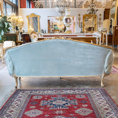 Louis XV Gilded Sofa – Carved with Tufted Pale Aqua Velvet Upholstery