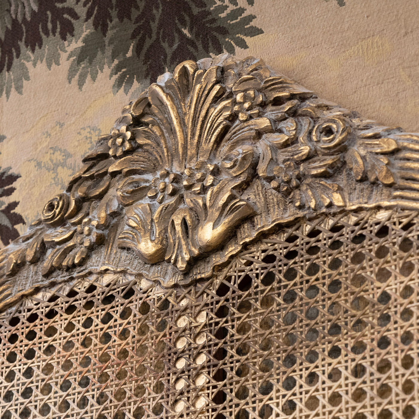 Louis XVI Gold Cane King Size Bed Set – Carved Crest & Fluted Posts