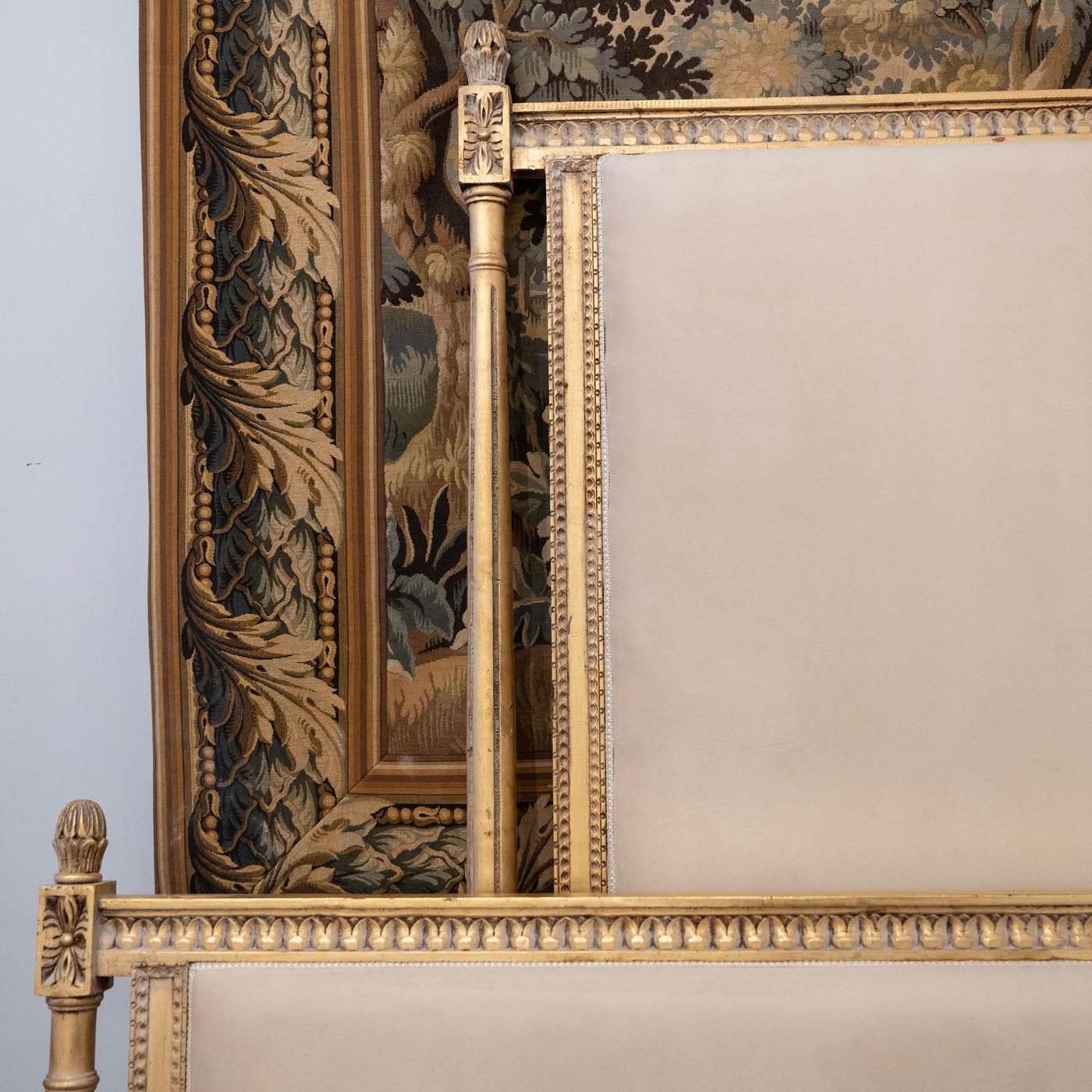 Louis XVI Gilded King Size Bed Set – Carved Frame & Posts with Cream Velvet