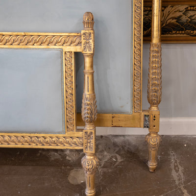 Louis XVI Gilded King Size Bed Set – Carved Frame & Posts with Powder Blue Velvet