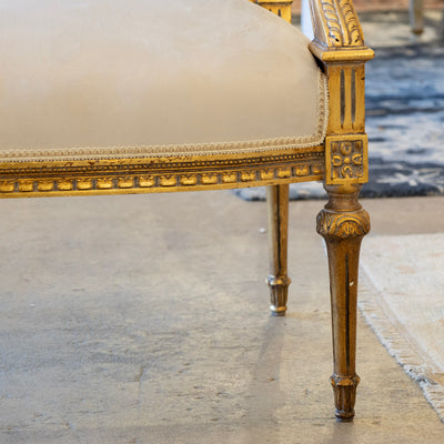 Louis XVI Gilded Loveseat Sofa – Two-Tone Carved Frame & Soft Grey Velvet Upholstery