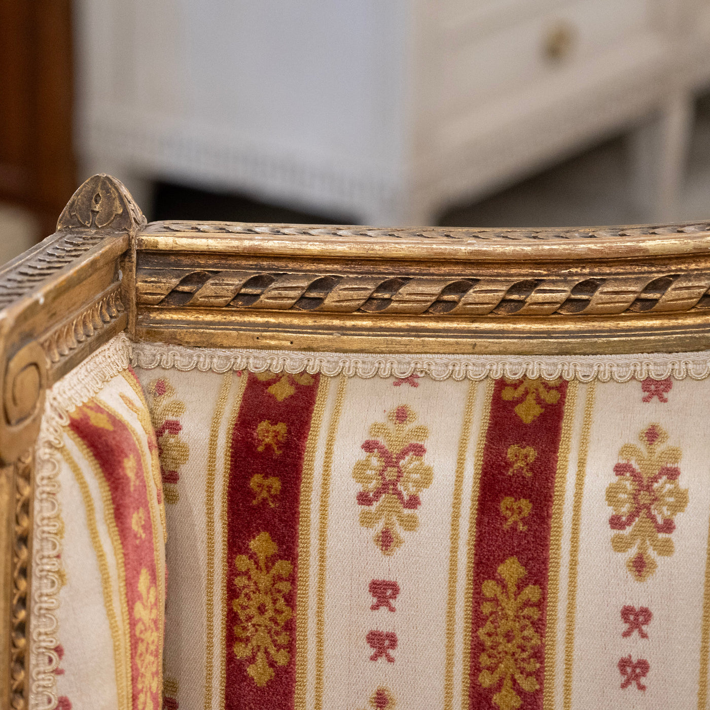 Louis XVI Carved Gilded Settee – Striped Damask Upholstery