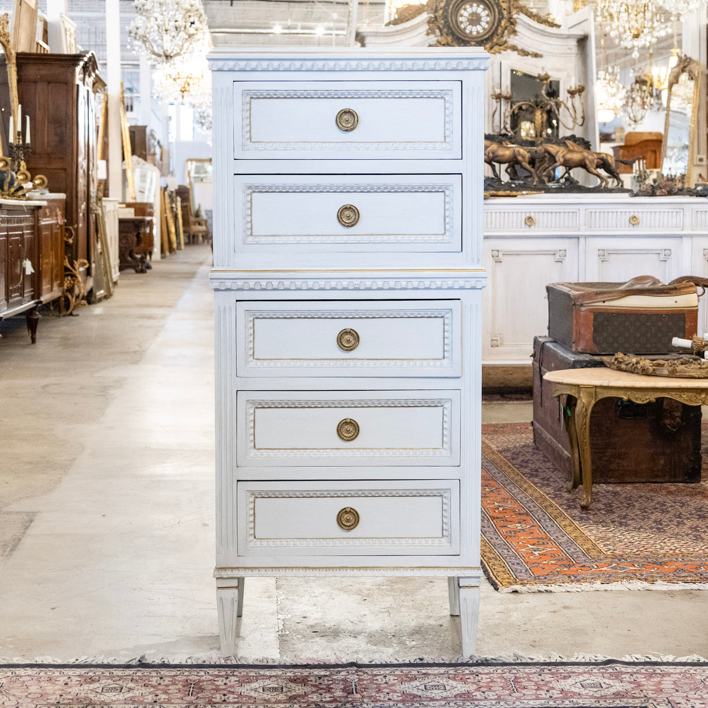 Swedish Slim Tall Dresser – Beaded & Gold Trim in Dove White – Le Chateau