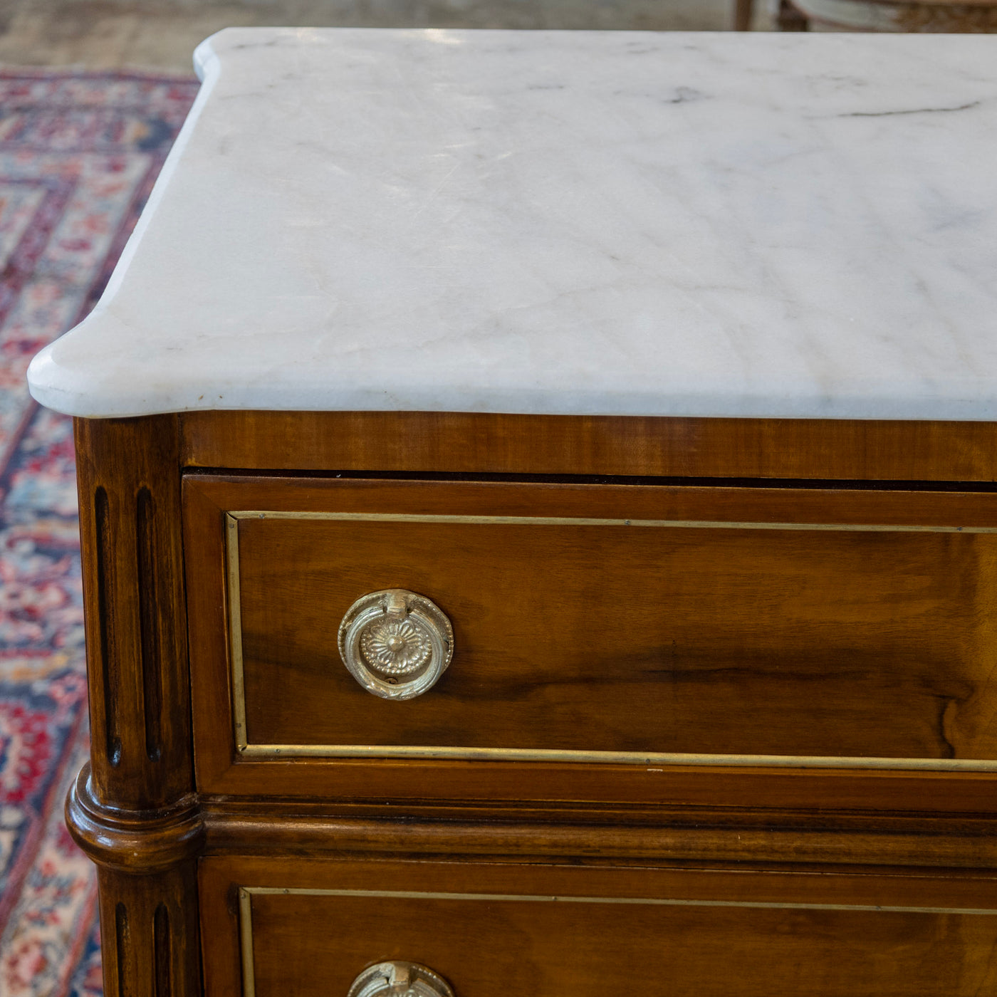 Louis XVI Burl Wood Nightstand – Gold Inlay & White Marble Top