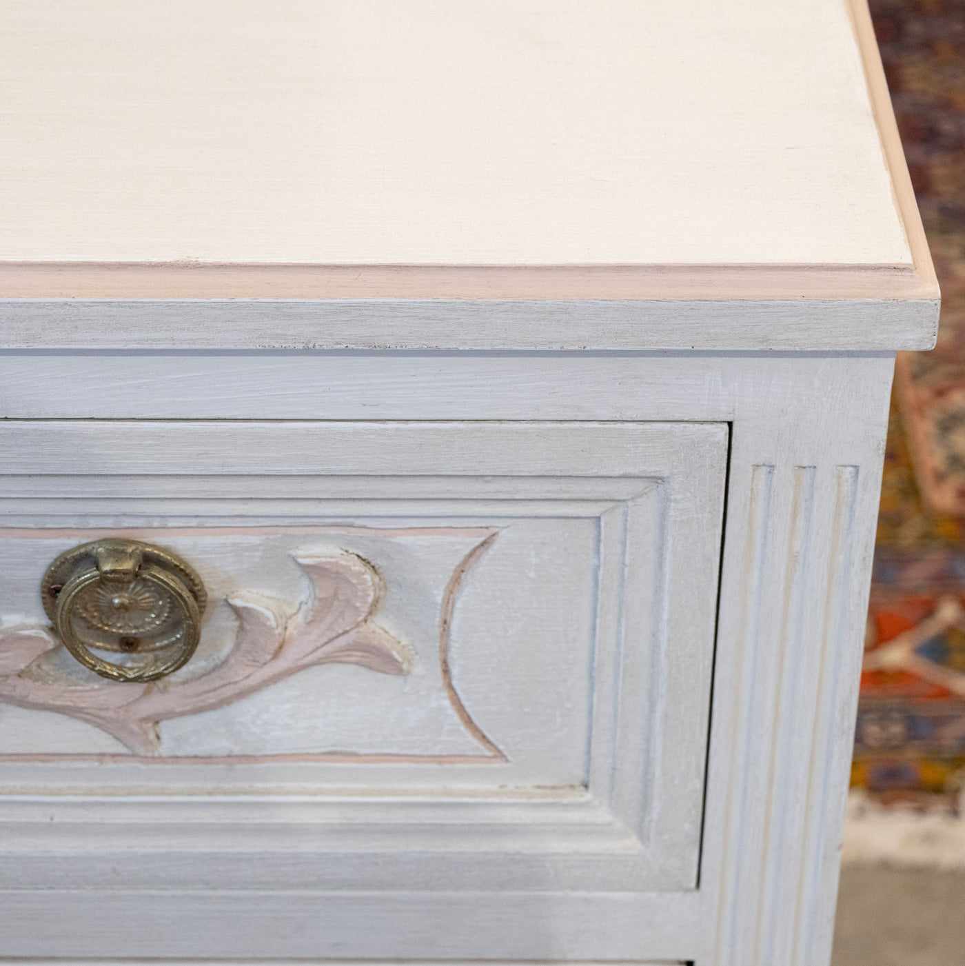 Swedish 2-Drawer Chest in Antique White – Pink Carved Floral Motifs