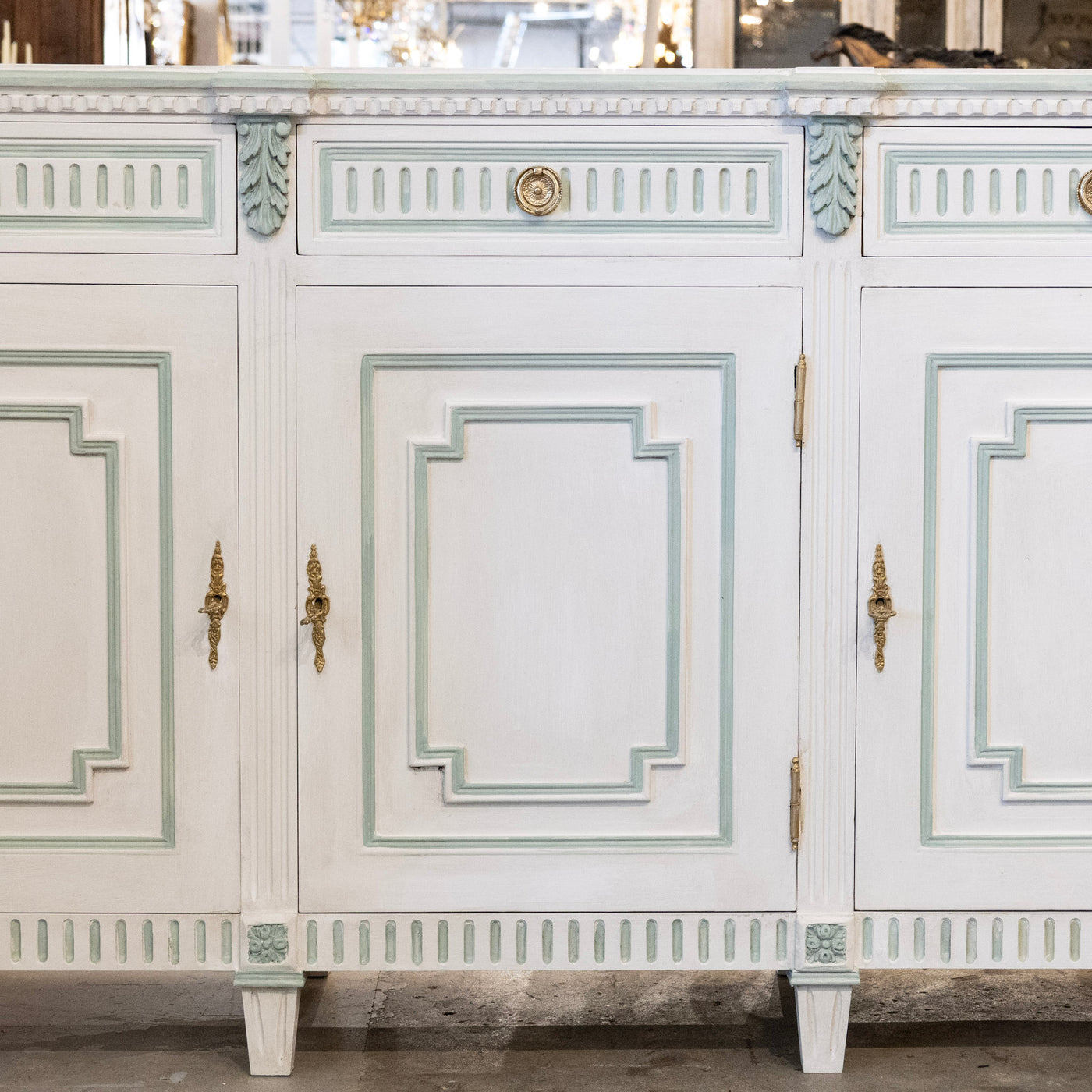 Swedish White Painted Sideboard with Blue Accents