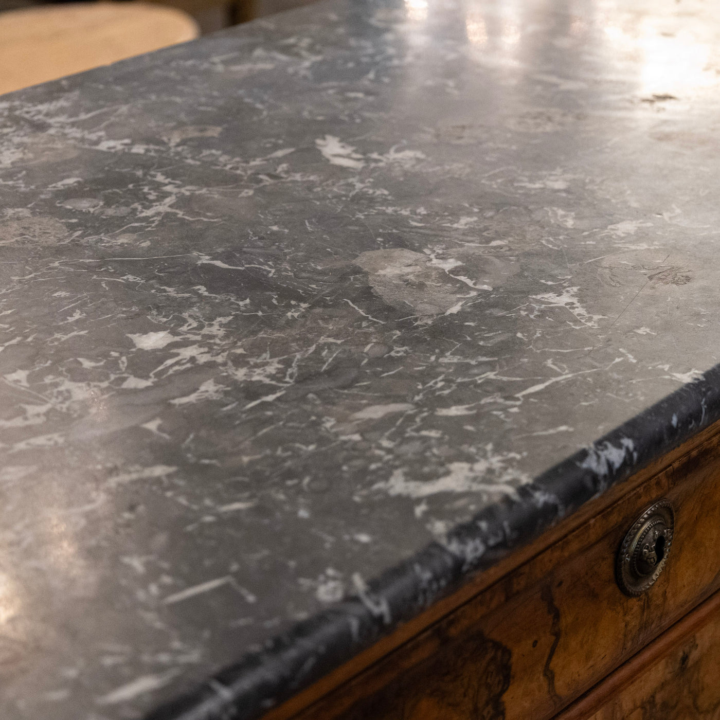 Louis Philippe Marbled Burl Wood Chest – Black Marble Top