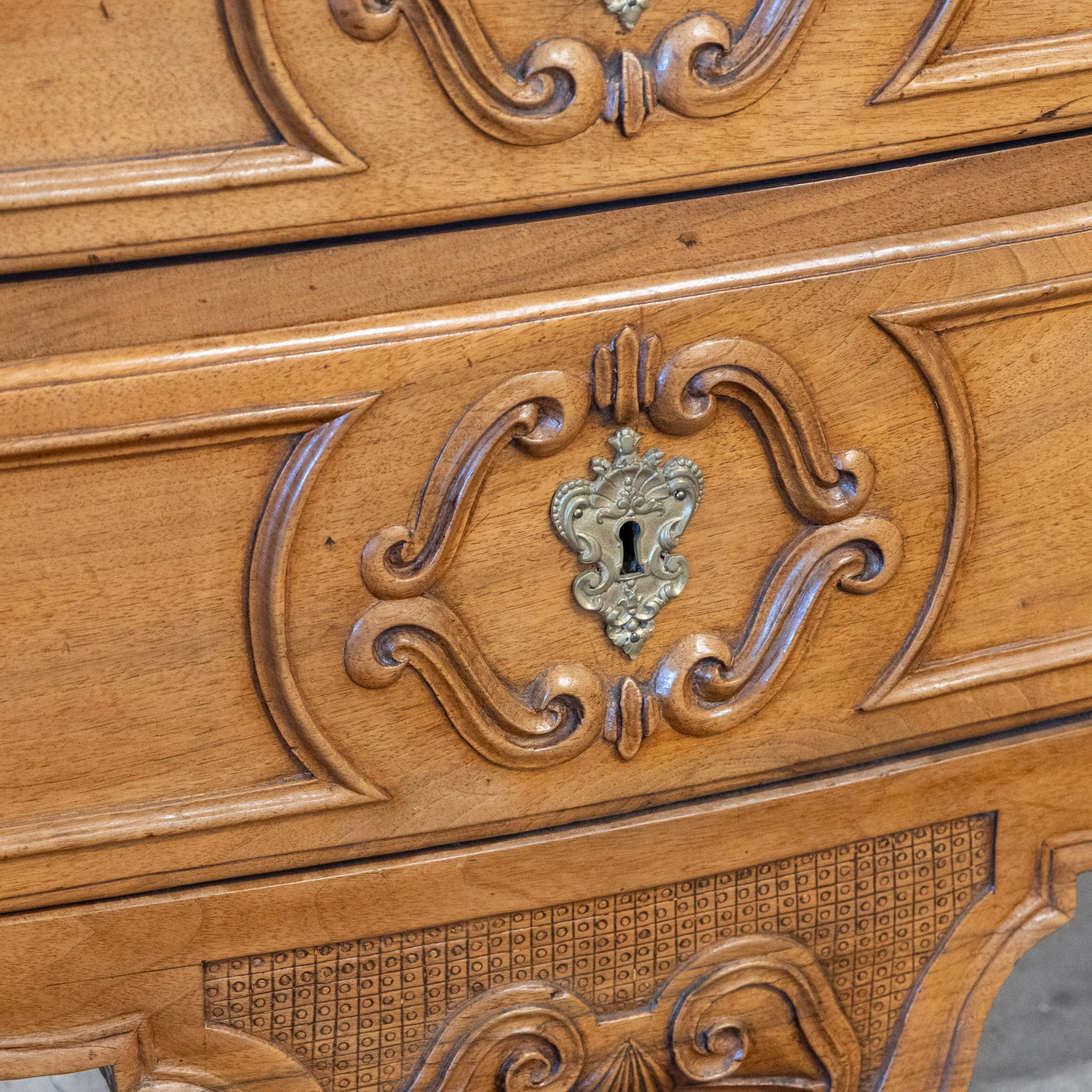 18th Century Wood Chest – Hand-Carved Details & Brass Rosette Pulls
