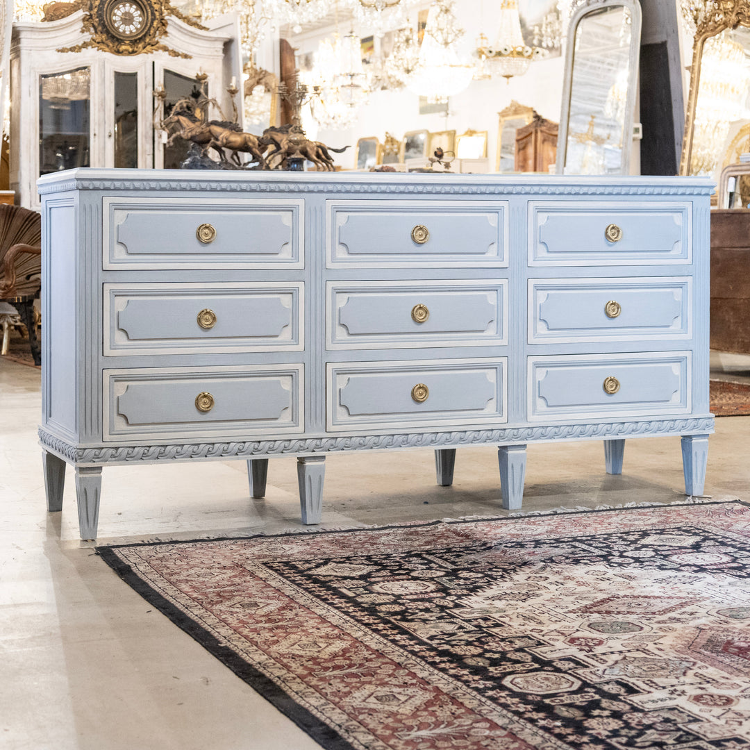 Swedish 9-Drawer Dresser – Fluted & Rope Trim in White & Blue