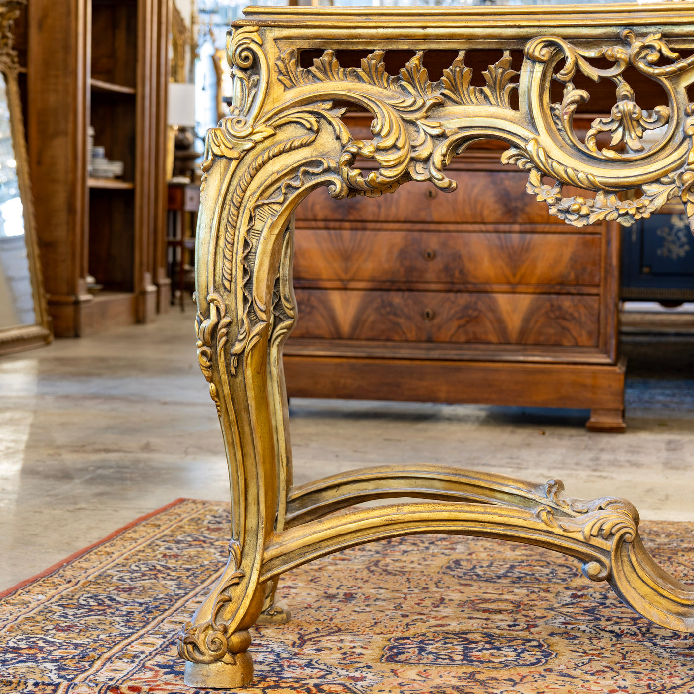 Louis XV Ornate Console Table – Detailed Gold Carvings & White Marble Top