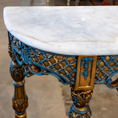 Louis XV Demilune Gilded Console Table – Blue Trim & White Marble Top