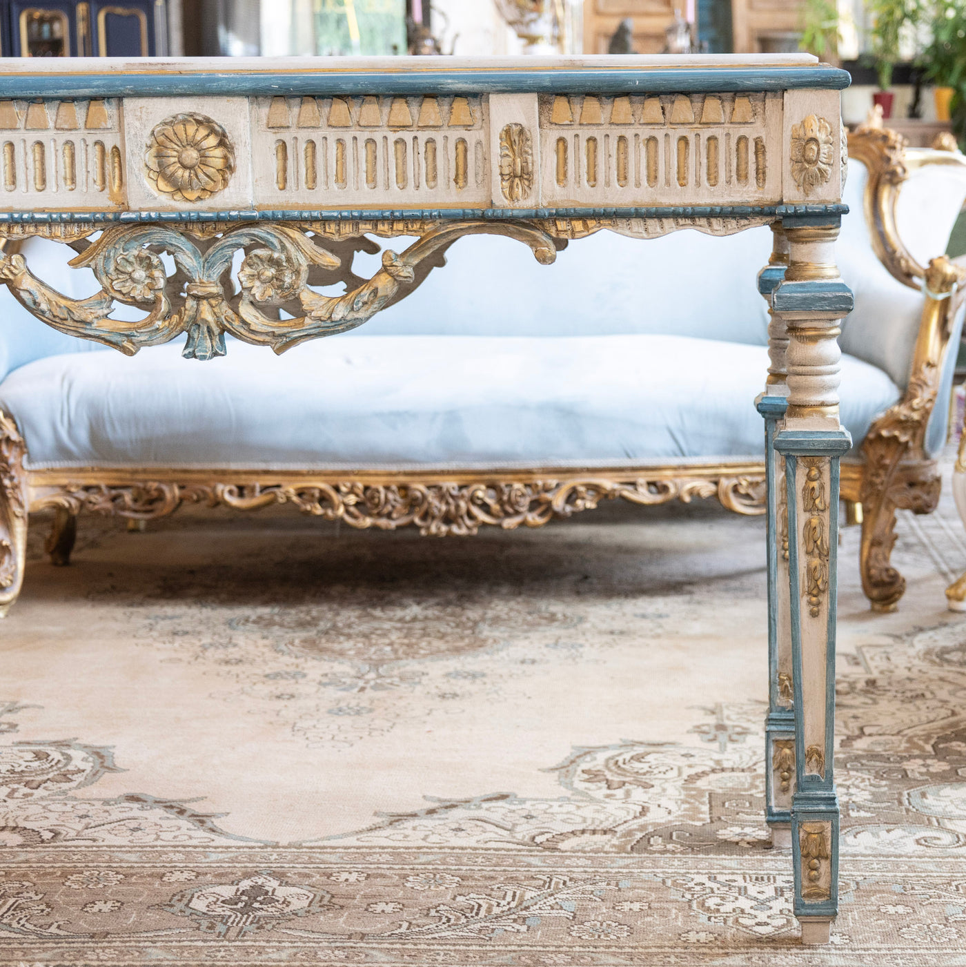 Louis XVI Gilded Console Table – Hand-Painted Blue & Gold with White Marble Top