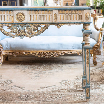 Louis XVI Gilded Console Table – Hand-Painted Blue & Gold with White Marble Top