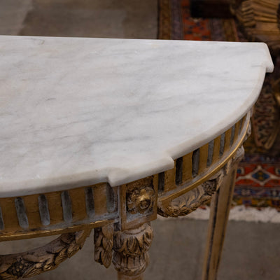 Louis XVI Demilune Console – Gilded Carvings with White Marble Top