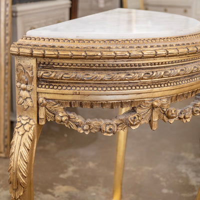 Louis XV Style Gilded Demilune Console Table – White Marble Top & Carved Trim