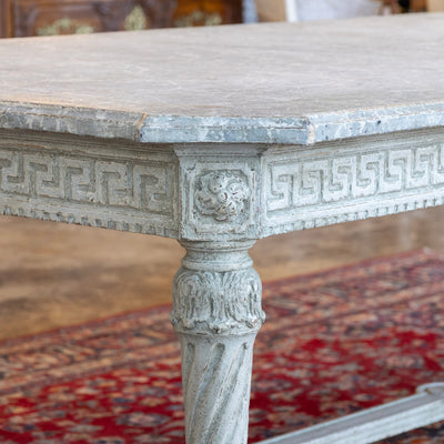 Grand European Neoclassical Hand-Carved Dining Table – Grey & White Faux Marble Finish