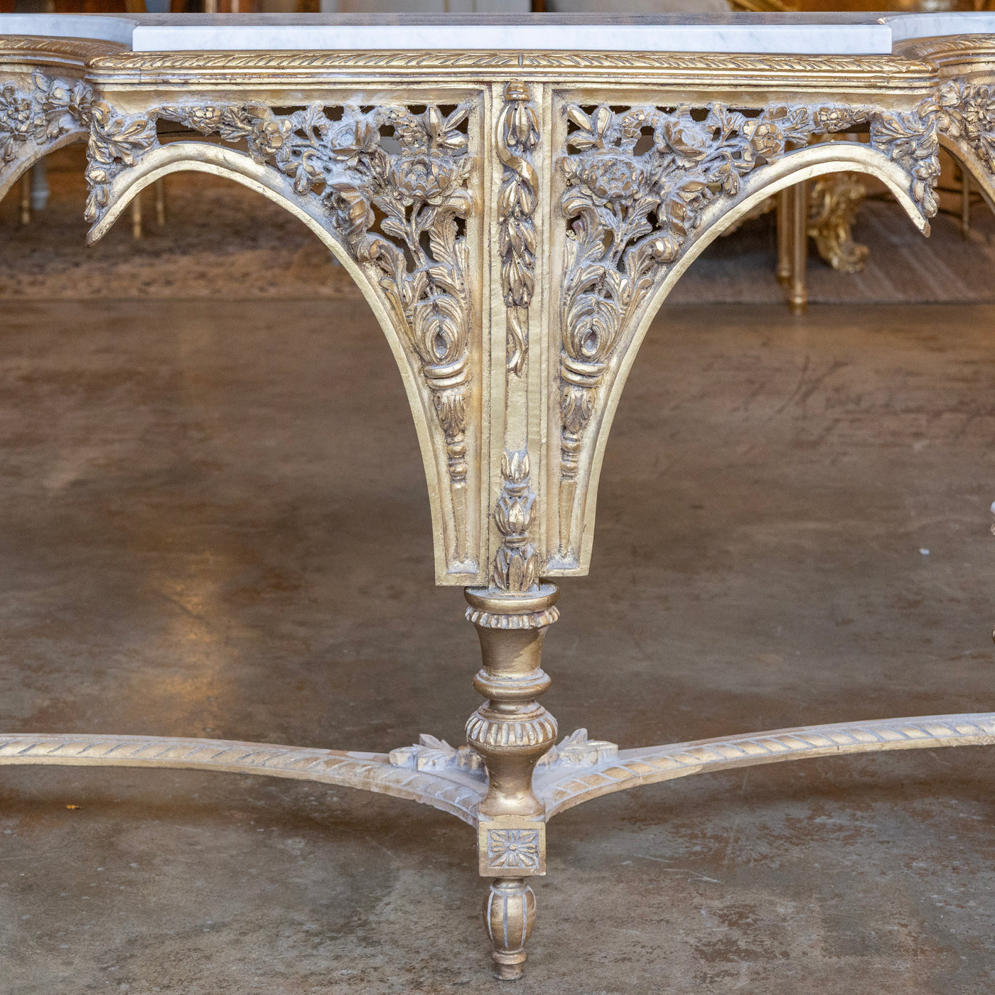 Louis XVI Ornate Gilded Console Table – Hand-Carved Florals & White Marble Top