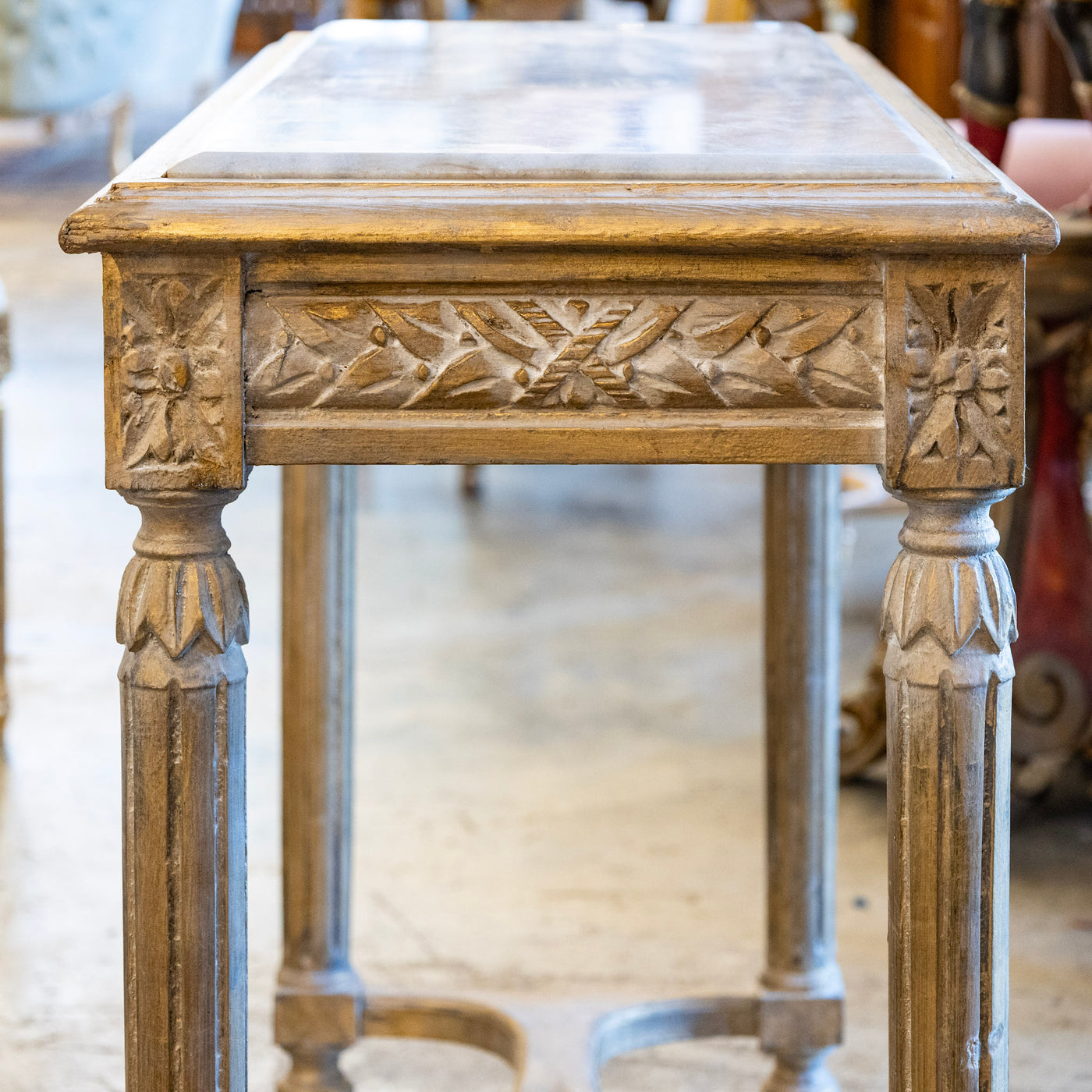 Louis XVI Gilded Champagne Gold Console – Carved Apron & White Marble Top