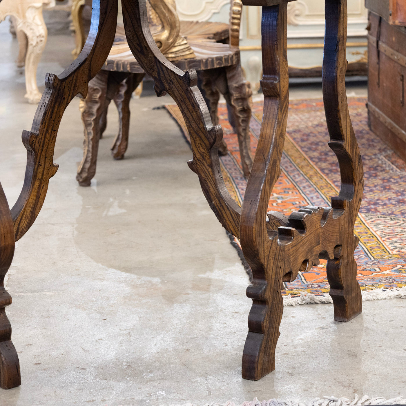 Italian Carved Sculptural Walnut Center Table – Formed By Pair of Demilune Consoles