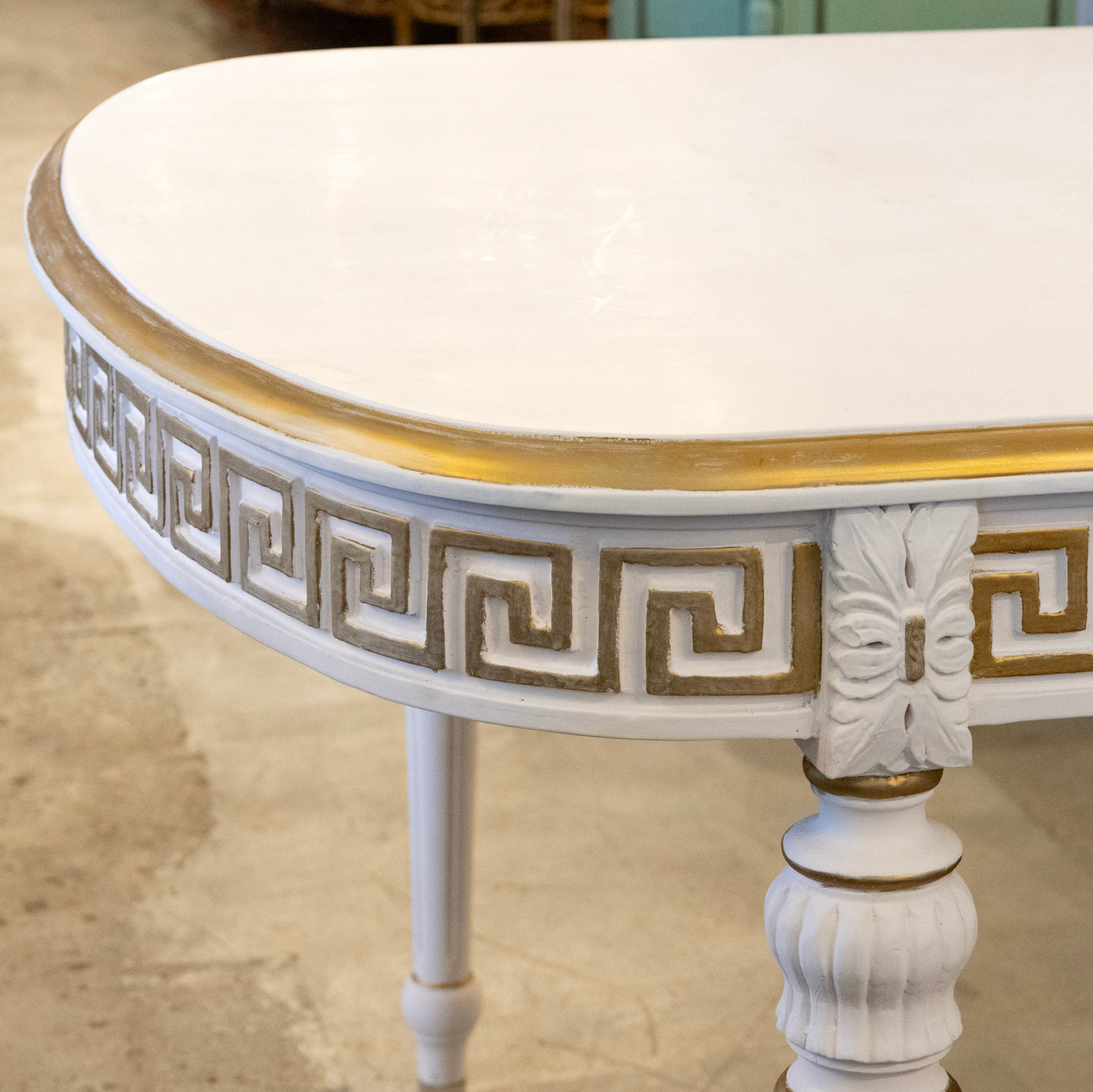 Swedish White Oval Dining Table – Gilded Greek Key Apron & Rounded Leg ...