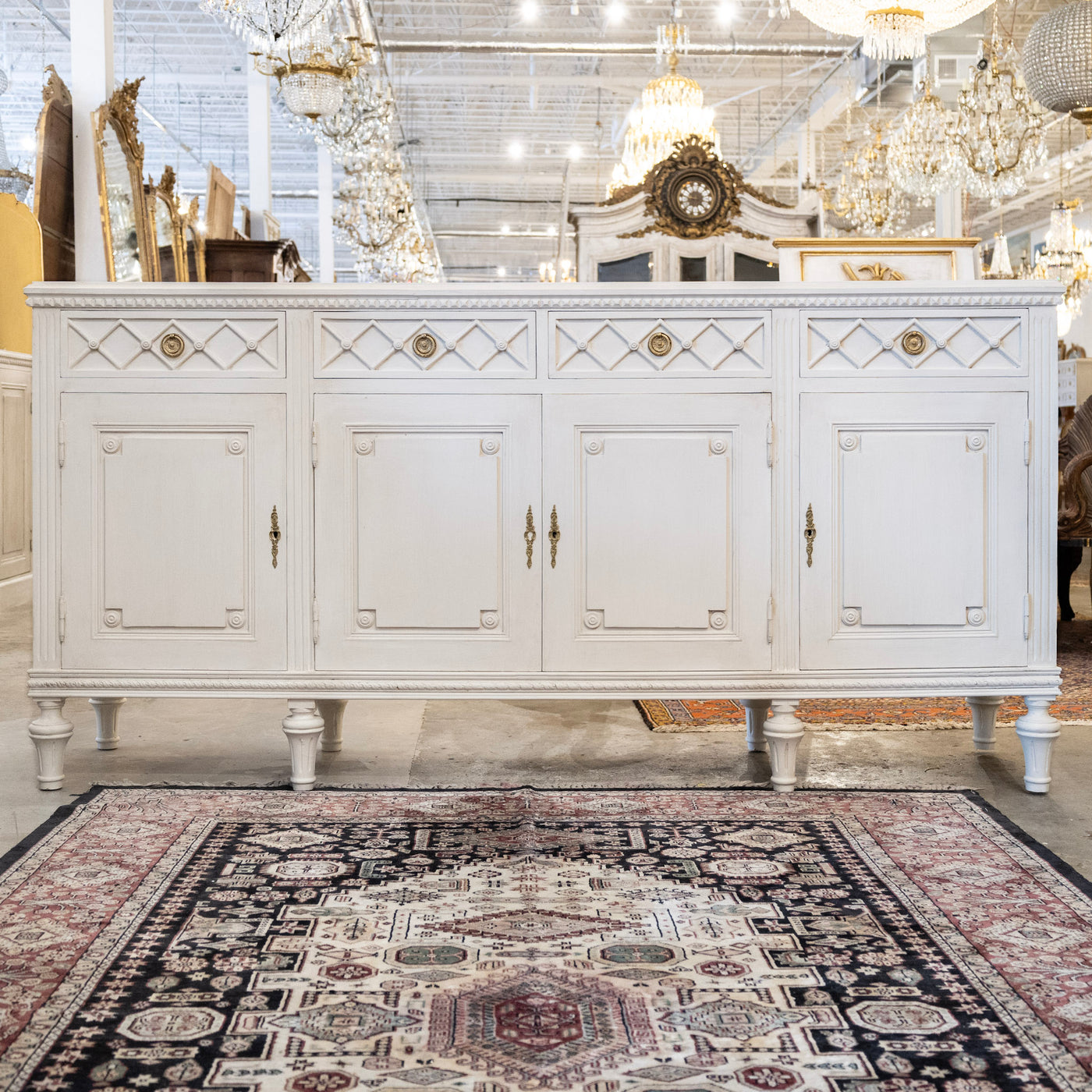Swedish Four-Door Sideboard –  Lattice Carvings in Washed Antique White - Buffets & Sideboards | Le Chateau (Atlanta, GA) • 1