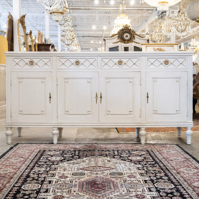 Swedish Four-Door Sideboard –  Lattice Carvings in Washed Antique White - Buffets & Sideboards | Le Chateau (Atlanta, GA) • 1