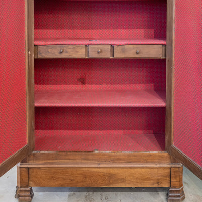 Louis Philippe Walnut Armoire – Original Red Fabric Interior with Shelves & Lower Drawer