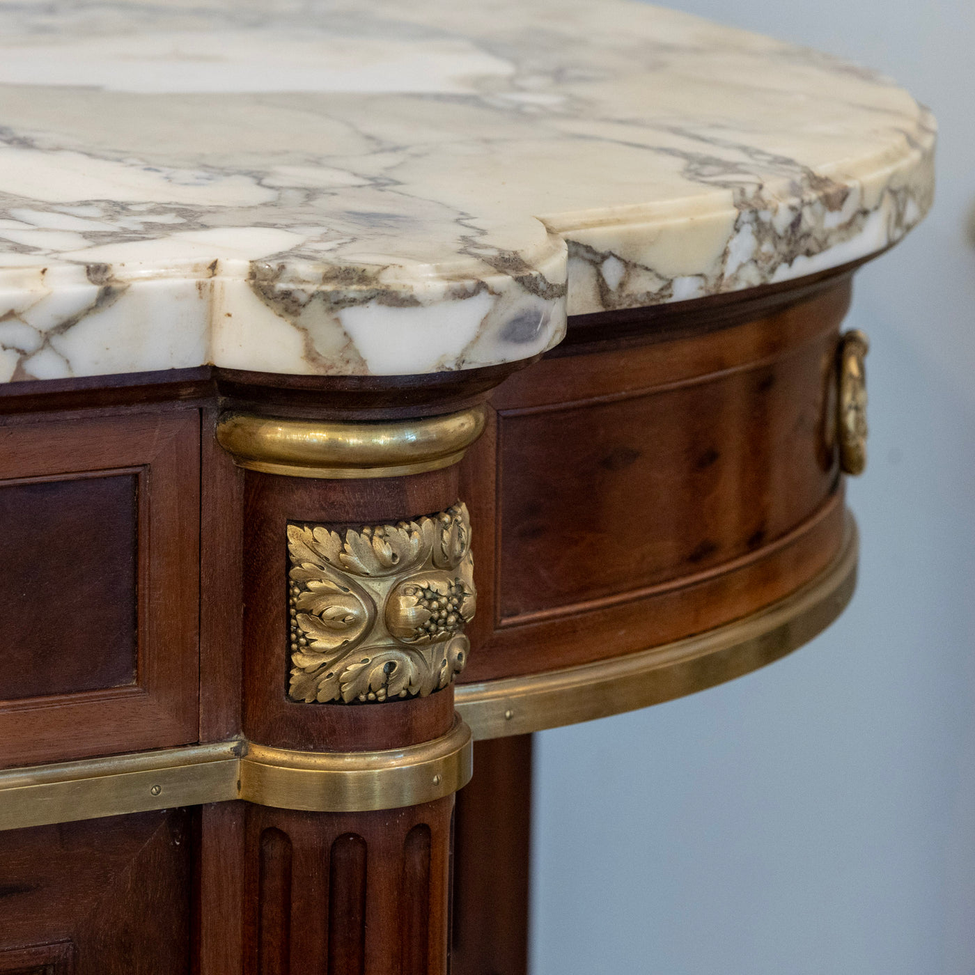 Louis XVI Burl Walnut Demilune Sideboard – Calacatta Vagli Oro Marble Top & Bronze Ormolu