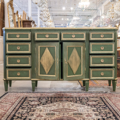 Swedish Painted Ten Drawer Sideboard – Green with Gold Diamond Panels & Trim