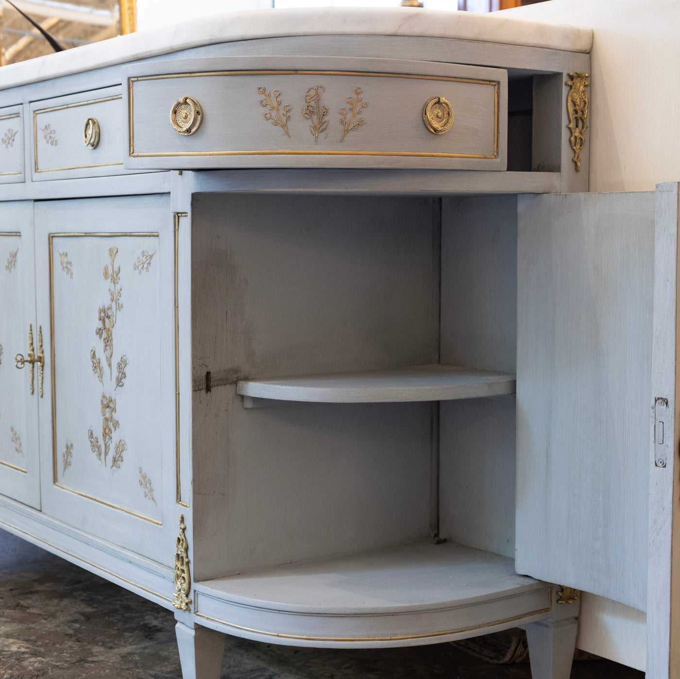 Louis XVI Blue Hand Painted Sideboard – Gilded Floral Detailing & White Marble Top