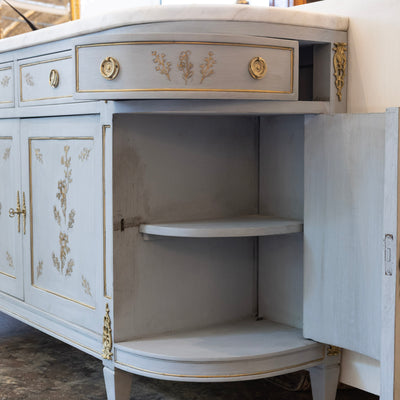 Louis XVI Blue Hand Painted Sideboard – Gilded Floral Detailing & White Marble Top