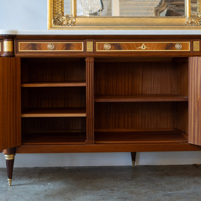 Louis XVI Burl Wood Demilune Sideboard – Gilded Bronze Accents & White Marble Top