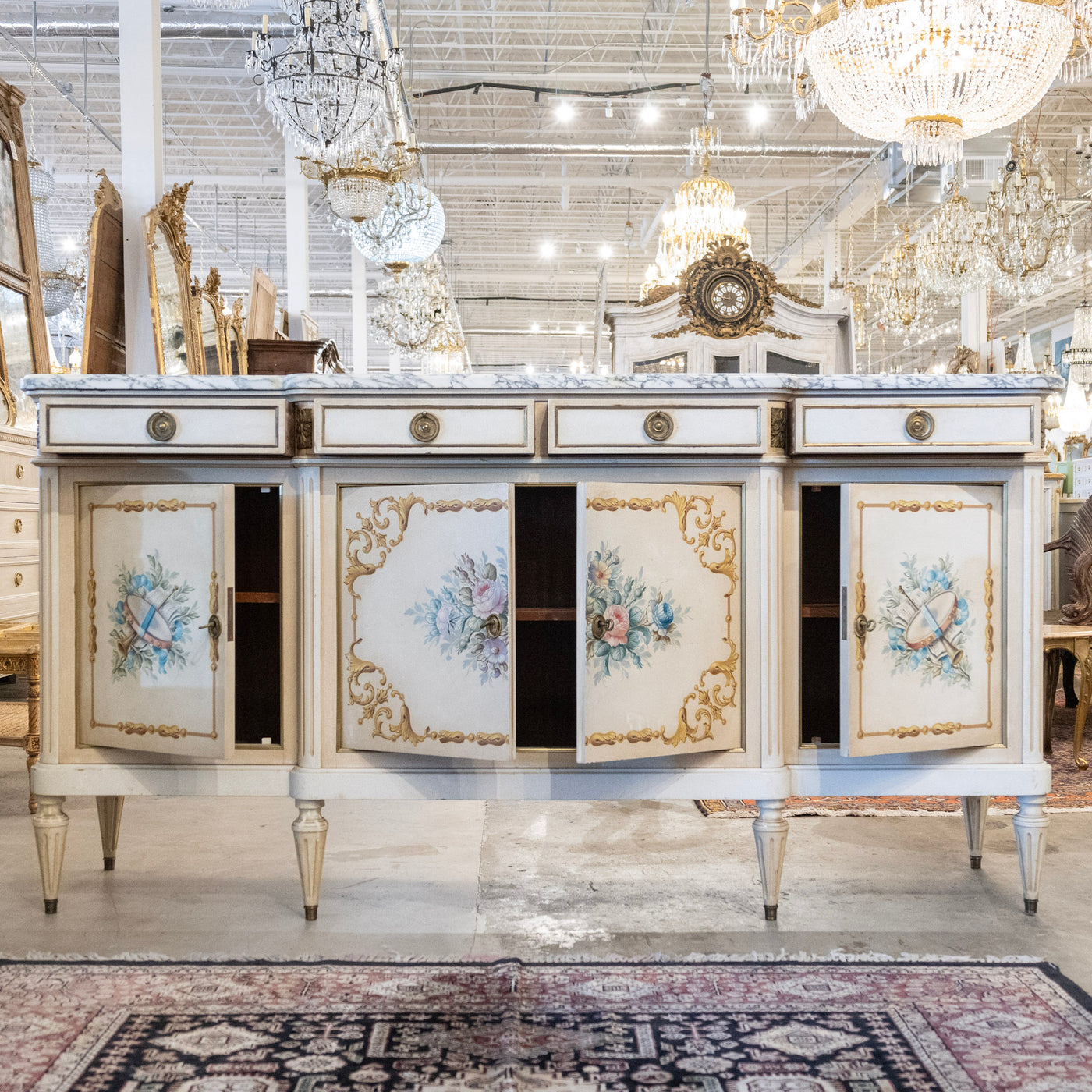 French White Hand-Painted Sideboard – Crackle Finish & Original Marble Top